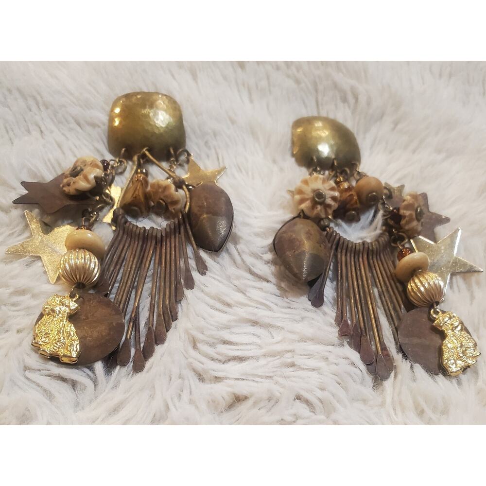Vintage Pierced Earrings Dangle Multi Strand Beads Boho Bohemian Hippie Gypsy - Picture 2 of 4